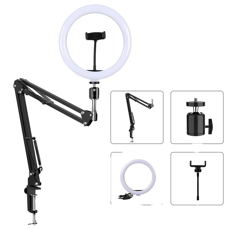 Overhead Tripod Mount, 26cm Ring Light, Gooseneck Skrivebords Telefonholder, stativ og lys