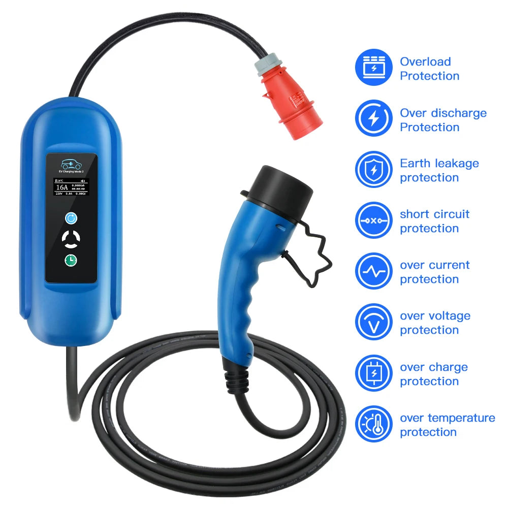 EV-lader, 16A Hurtigopladning, Type 2 Stik, Blå, Type2