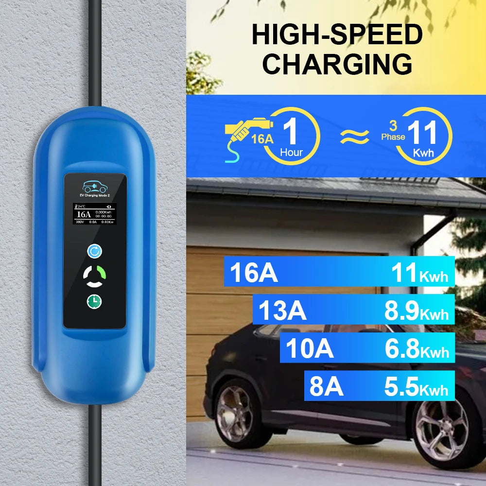 EV-lader, 16A Hurtigopladning, Type 2 Stik, Blå, Type2