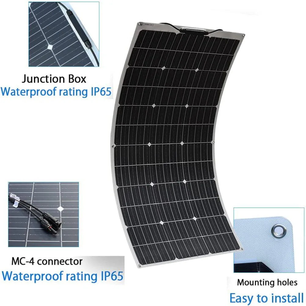 Solcellepanel, fleksible paneler, kompatibel med 12 V batterier, til campingvogne, både, hytter, telte, biler, trailere, batterier