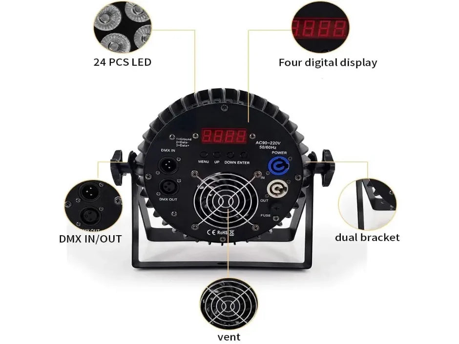 Professionel diskotekbelysning, 6-i-1 LED-belysning, DMX512 multimodus, 18 W RGBWA UV