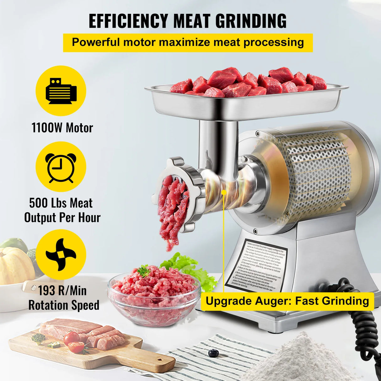 Elektrisk Kødslibemaskine, 1100W Effekt, 250 kg/t Produktivitet,1100W 250kg h