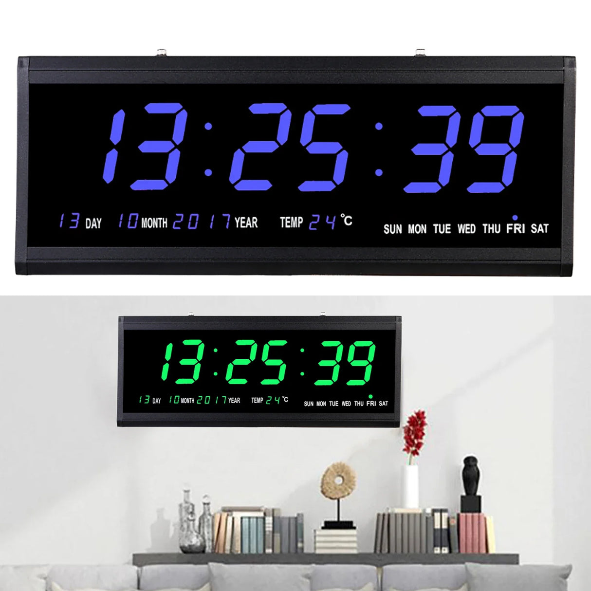 LED Digital Vægur, Kalender og Temperaturvisning, Energibesparende 480 x 190 mm,grøn