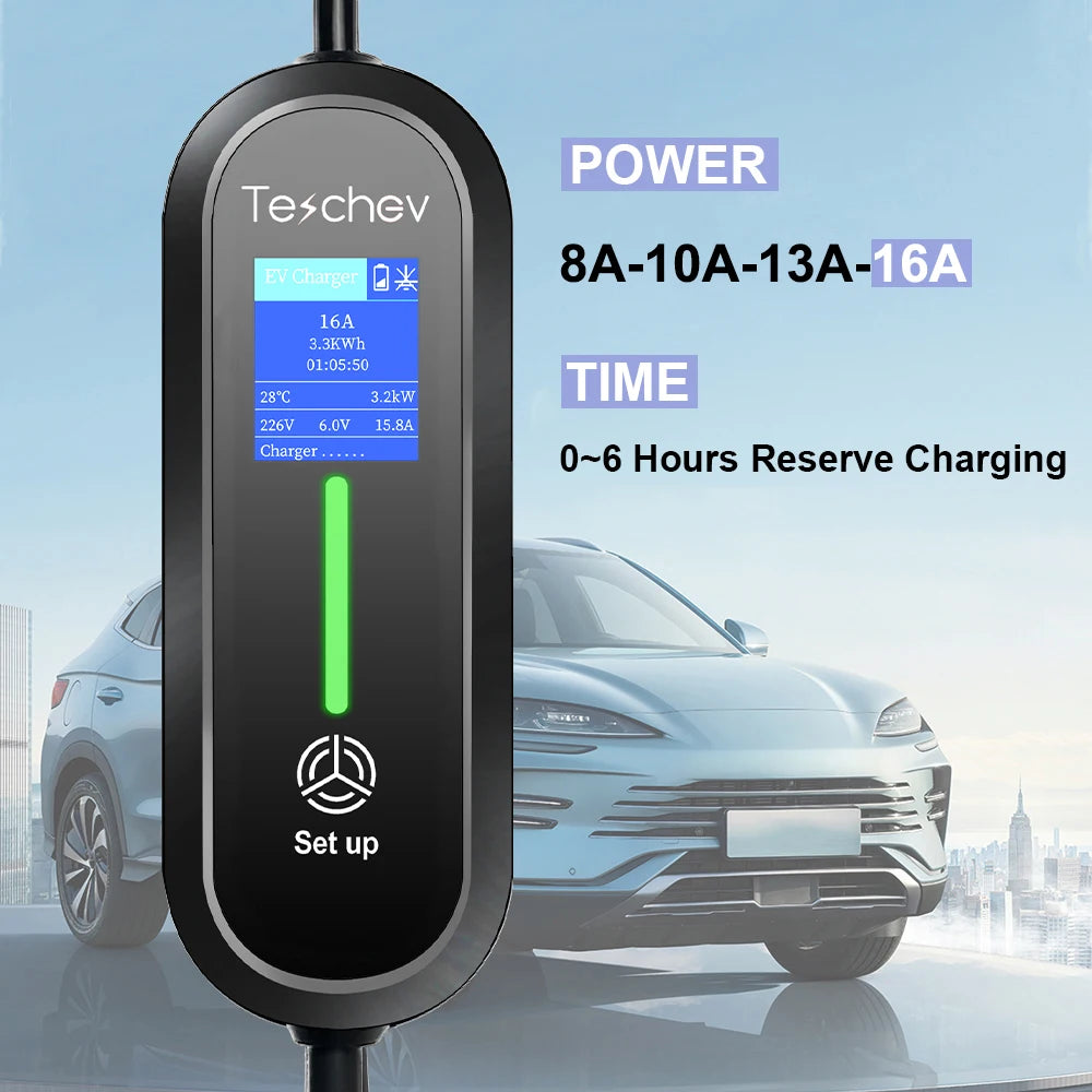 Bærbar EV-lader, 3,5 kW effektudgang, 16A justerbar strøm,Teschev 3,5 kW 16A T2