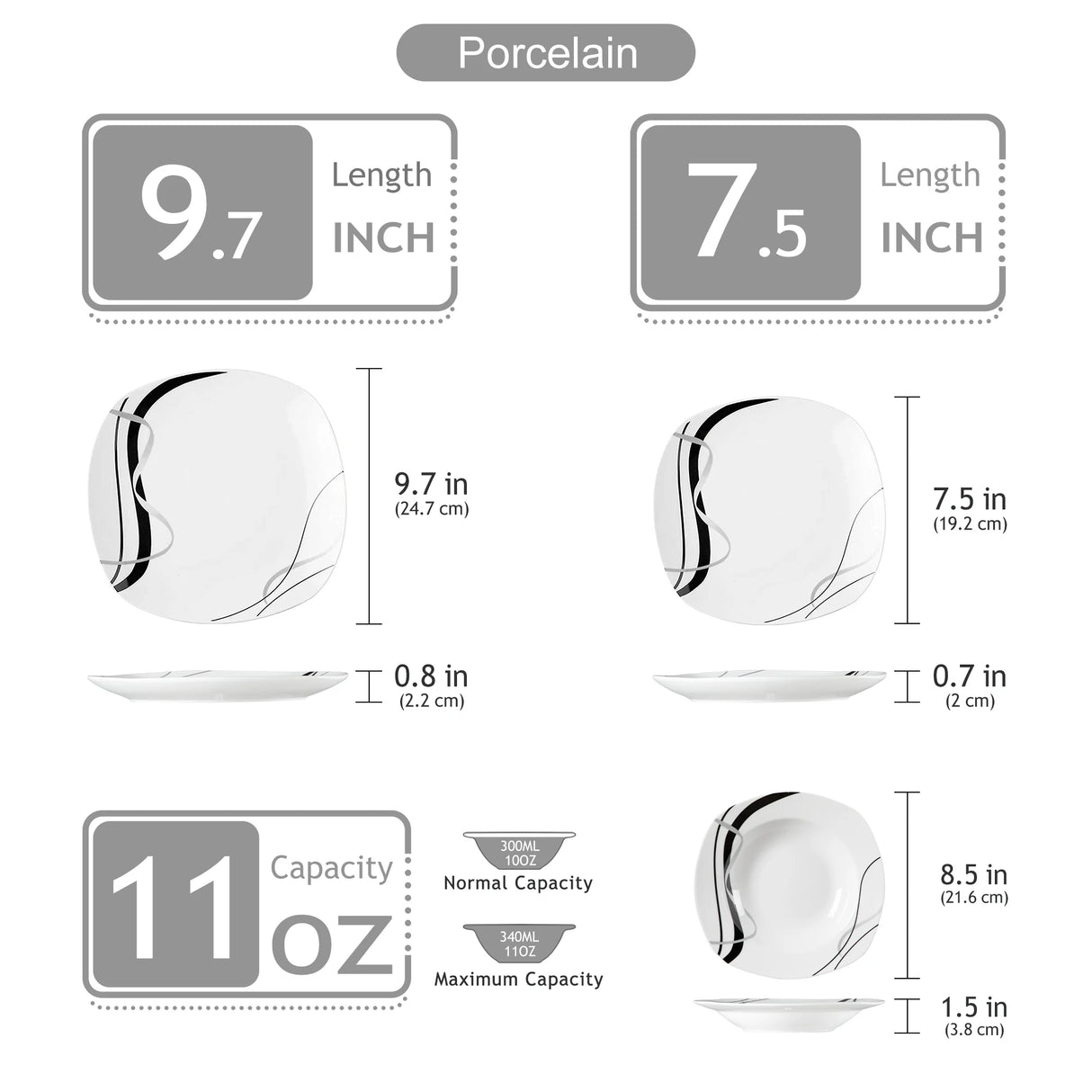 Middagssæt, porcelæn keramik, Black Line køkken serveringssæt, 36 DELE