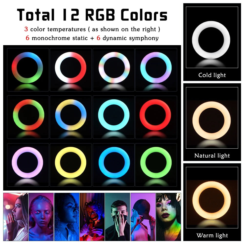Selfie Ring LED-lys, RGB-farveindstillinger, justerbart stativstativ, 200cm stativlys