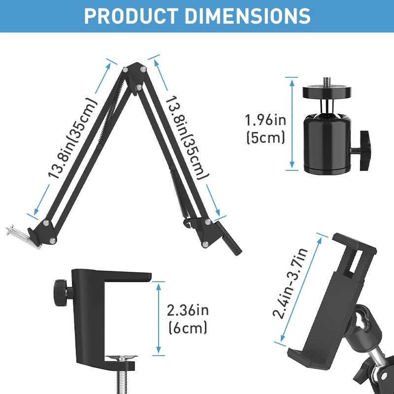 Overhead Tripod Mount, 26cm Ring Light, Gooseneck Skrivebords Telefonholder, stativ og lys