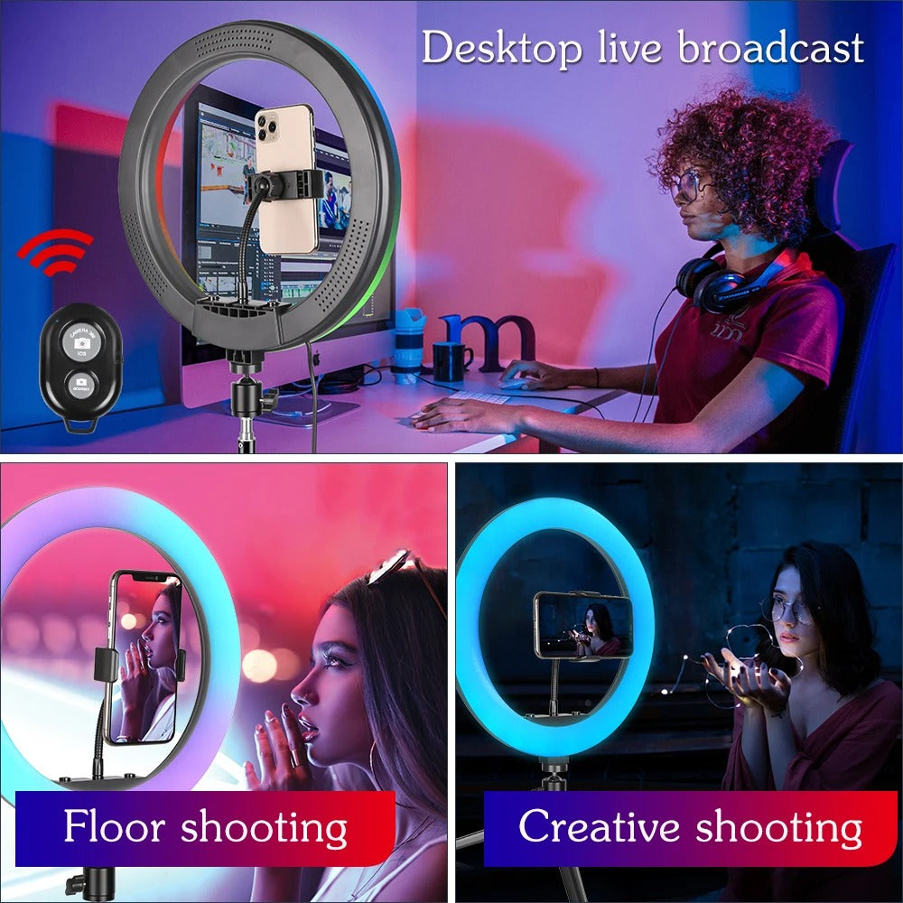 Selfie Ring LED-lys, RGB-farveindstillinger, justerbart stativstativ, 200cm stativlys