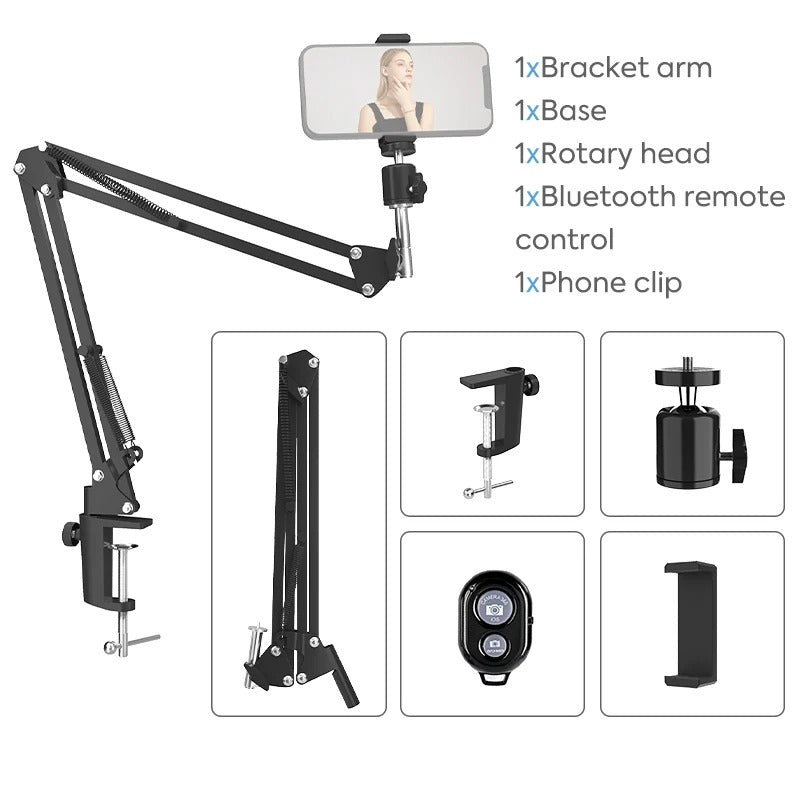 Overhead Tripod Mount, 26cm Ring Light, Gooseneck Skrivebords Telefonholder, stativ og lys