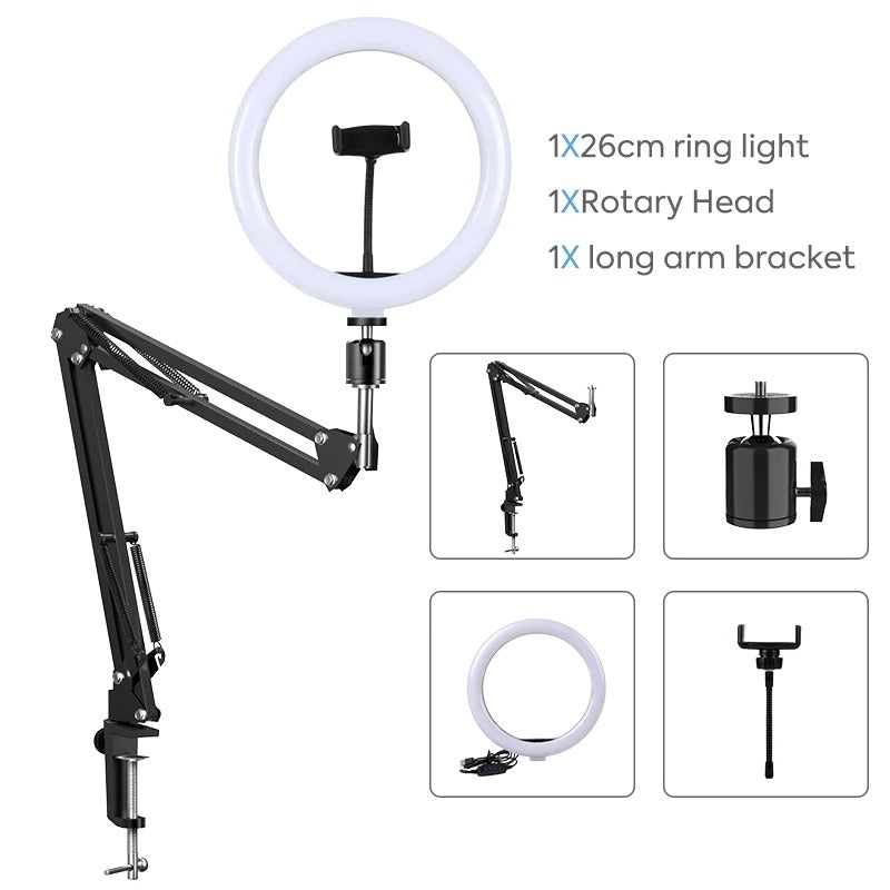 Overhead Tripod Mount, 26cm Ring Light, Gooseneck Skrivebords Telefonholder, stativ og lys