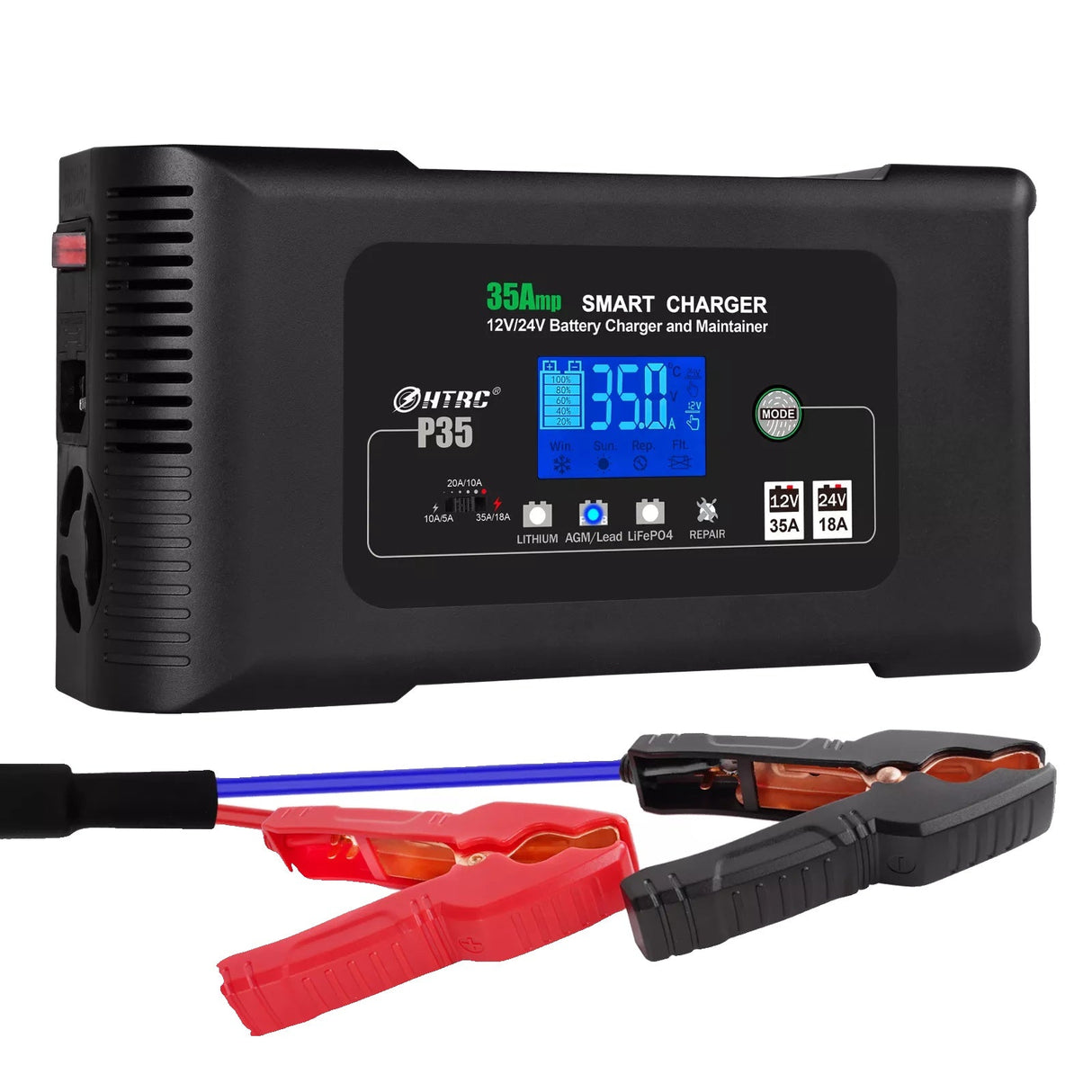 35A Smart Bilbatterioplader, Dobbelt Spænding (12V/24V), Intelligent LCD Display,EU-stik
