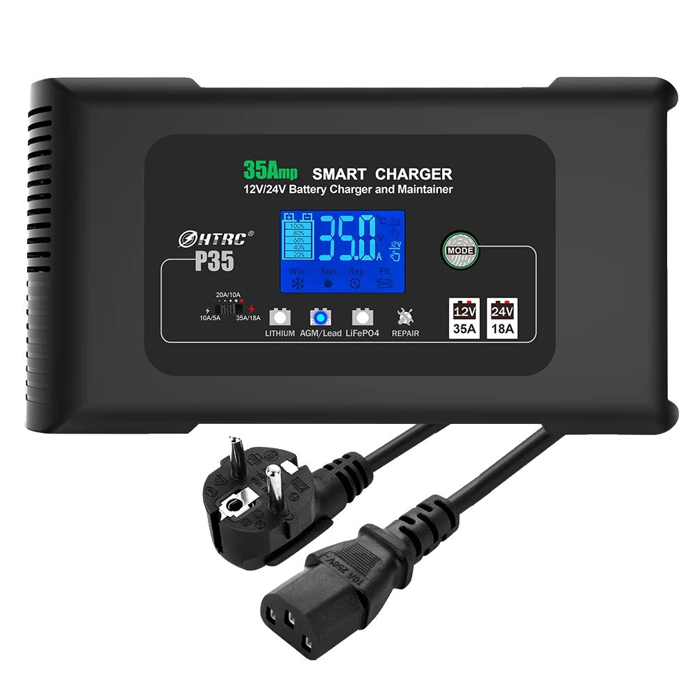35A Smart Bilbatterioplader, Dobbelt Spænding (12V/24V), Intelligent LCD Display,EU-stik