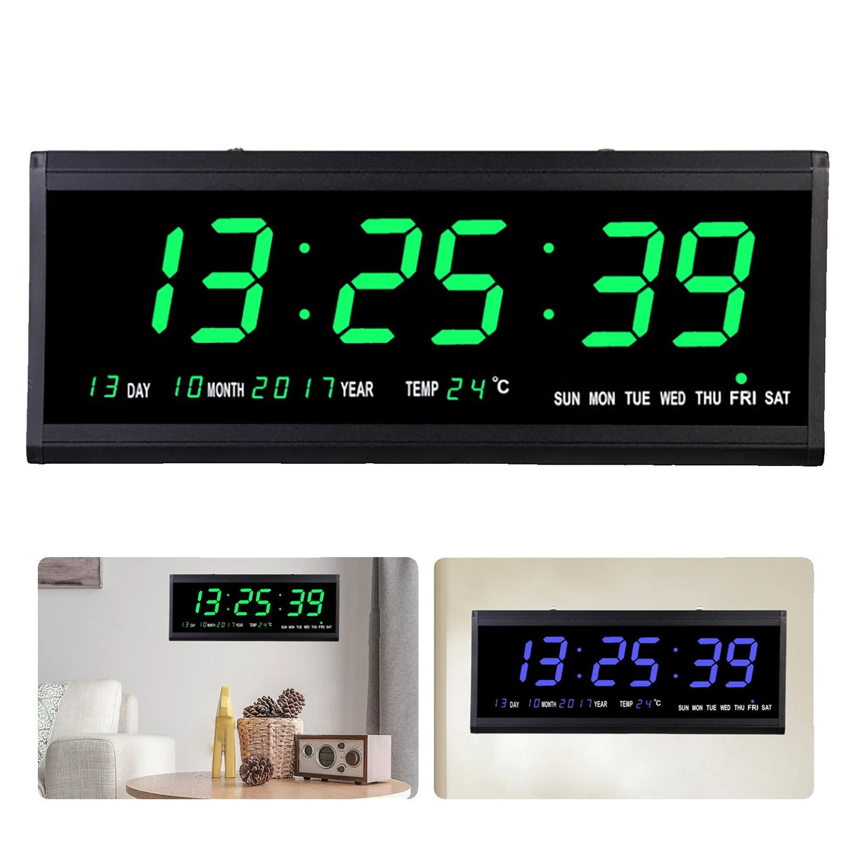 LED Digital Vægur, Kalender og Temperaturvisning, Energibesparende 480 x 190 mm,grøn