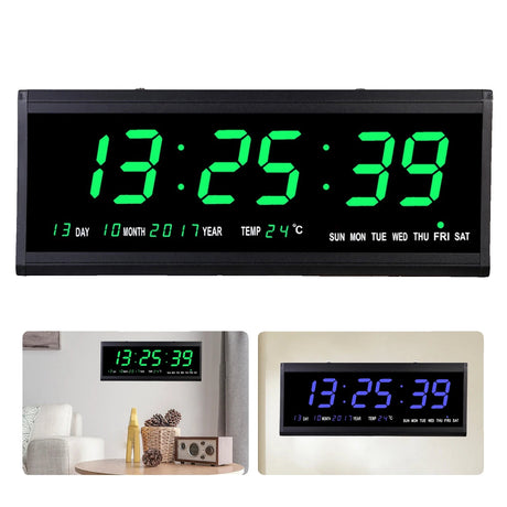 LED Digital Vægur, Kalender og Temperaturvisning, Energibesparende 480 x 190 mm,grøn