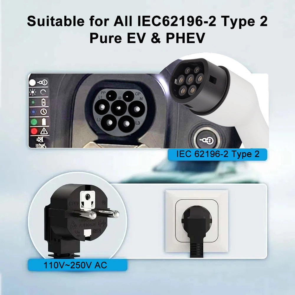 Bærbar EV-lader, 3,5 kW effektudgang, 16A justerbar strøm,Teschev 3,5 kW 16A T2