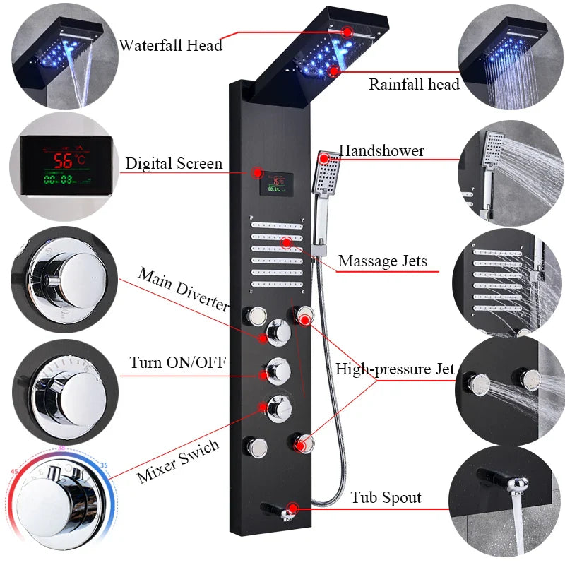 Brusepanel, Vandfaldsdesign, Massagesystem, Sort