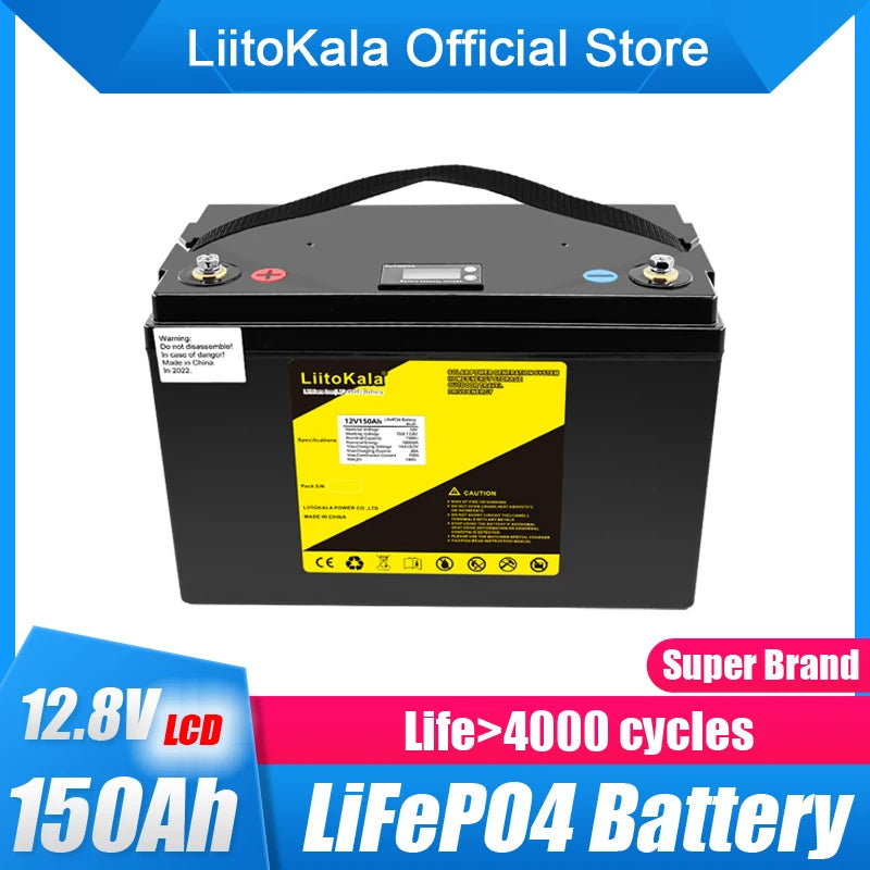 LiFePO4-batteri med LCD-display, til campingvogne, solcelleanlæg og off-grid-systemer, 128 V, 150 Ah (LCD)