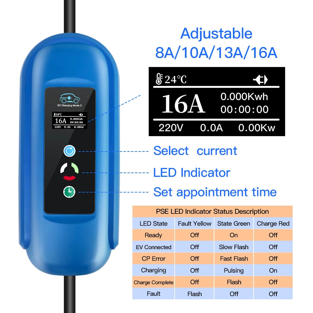 EV-lader, 16A Hurtigopladning, Type 2 Stik, Blå, Type2