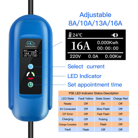 EV-lader, 16A Hurtigopladning, Type 2 Stik, Blå, Type2