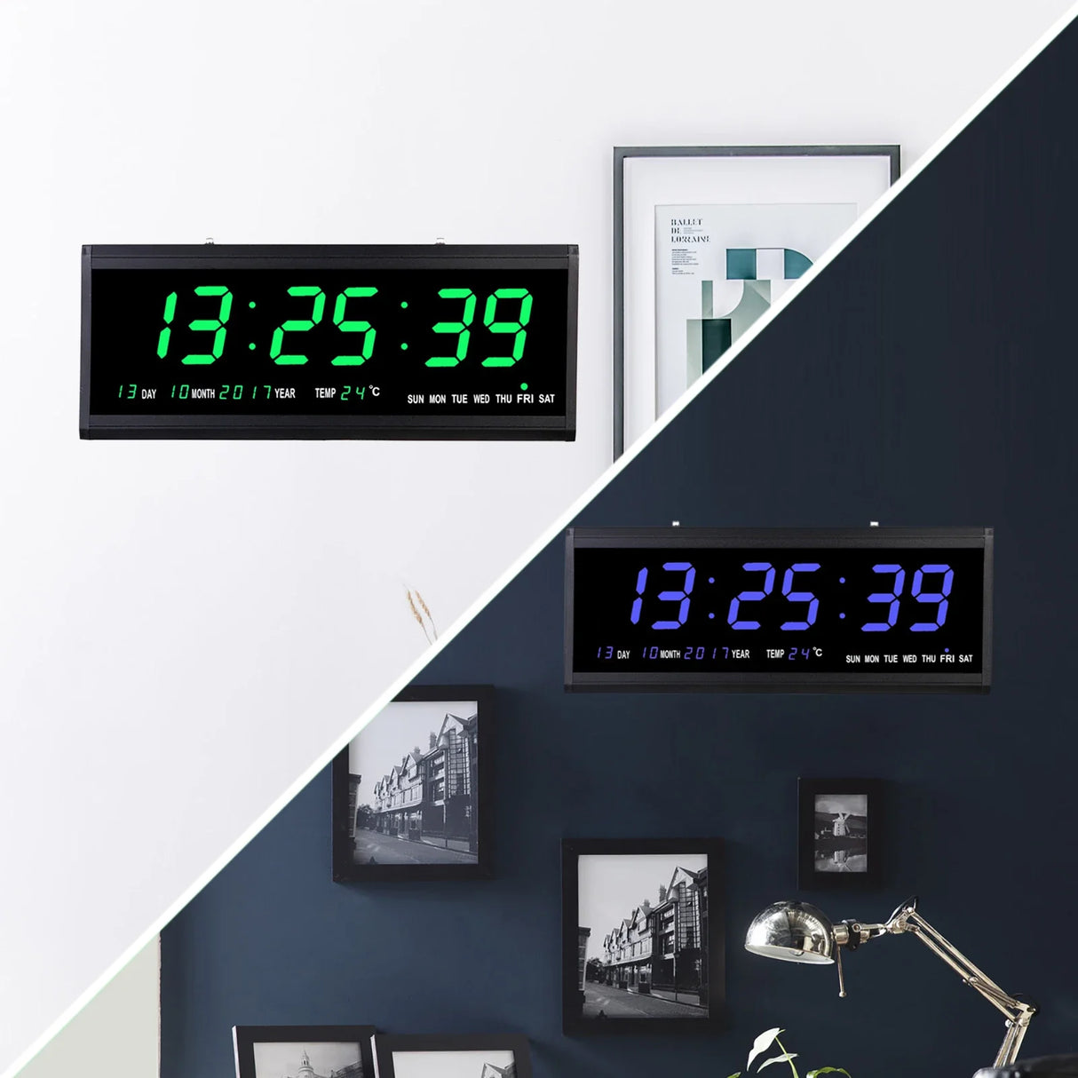 LED Digital Vægur, Kalender og Temperaturvisning, Energibesparende 480 x 190 mm,grøn