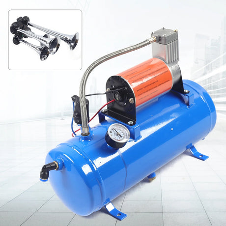 12V DC luftkompressor sæt, 150 PSI, 6L tank med 4-rørs horn,Blå, EU
