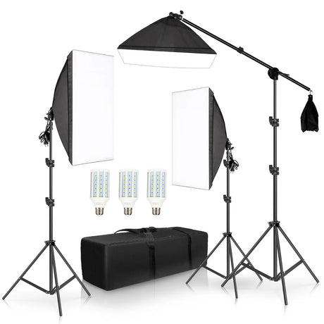 Fotograferings Softbox Kit, 3 Softboxes, Boom Arm, 135W dagslys pære