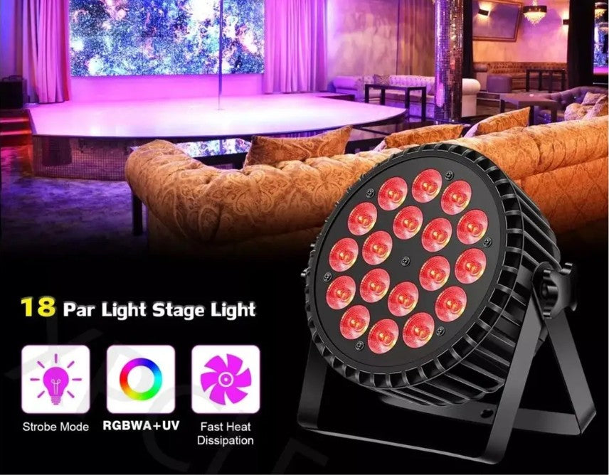Professionel diskotekbelysning, 6-i-1 LED-belysning, DMX512 multimodus, 18 W RGBWA UV