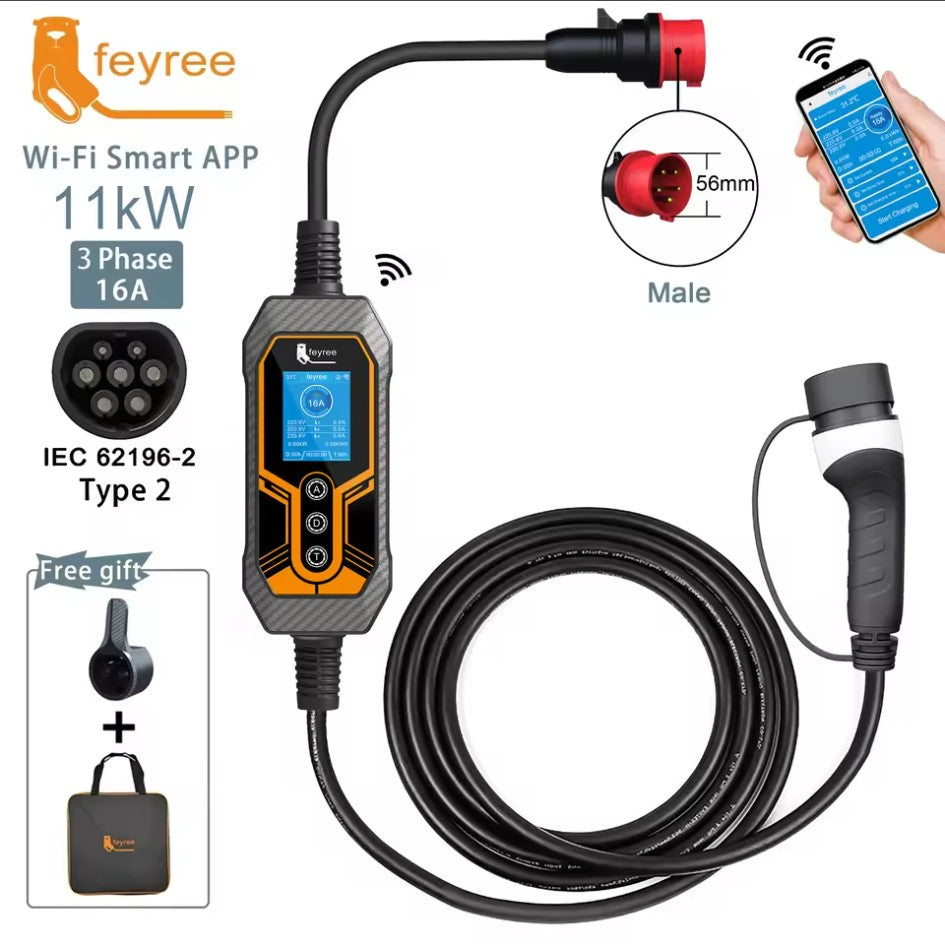 Bærbar EV-lader, 11KW Hurtigopladning, Wi-Fi-forbindelse, 11KW 5m Uden Adapter, Type2
