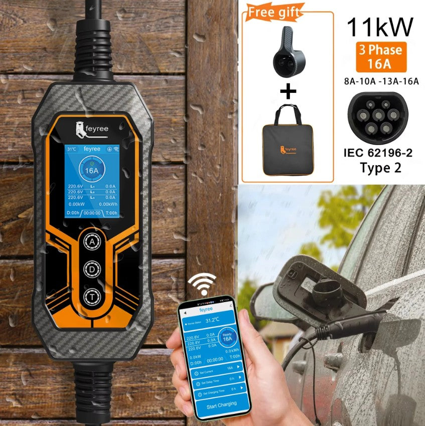 Bærbar EV-lader, 11KW Hurtigopladning, Wi-Fi-forbindelse, 11KW 5m Uden Adapter, Type2