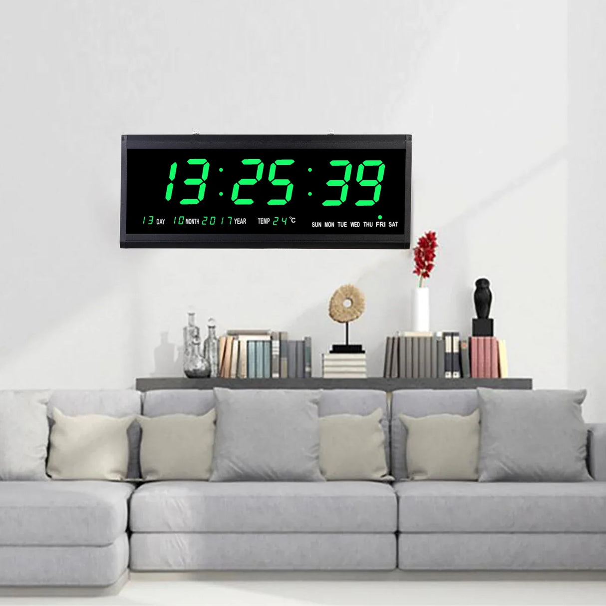 LED Digital Vægur, Kalender og Temperaturvisning, Energibesparende 480 x 190 mm,grøn