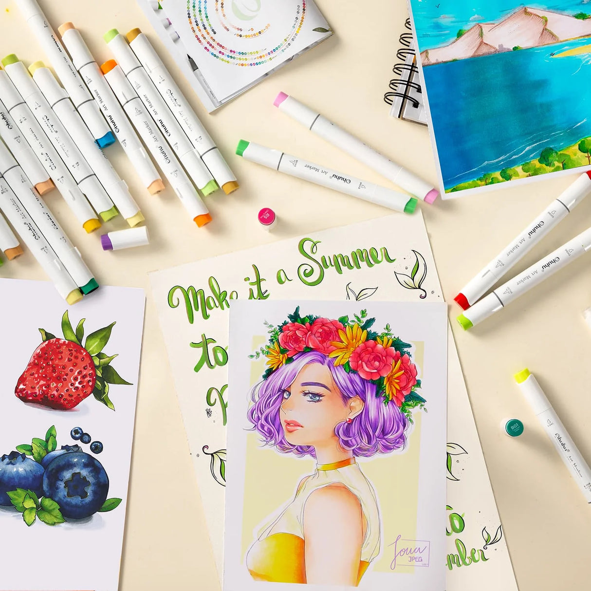 Ohuhu Art Markers, 72 farver, genopfyldelige og dobbelte spidser til alsidig kreativitet, fin pensel 72 CLR