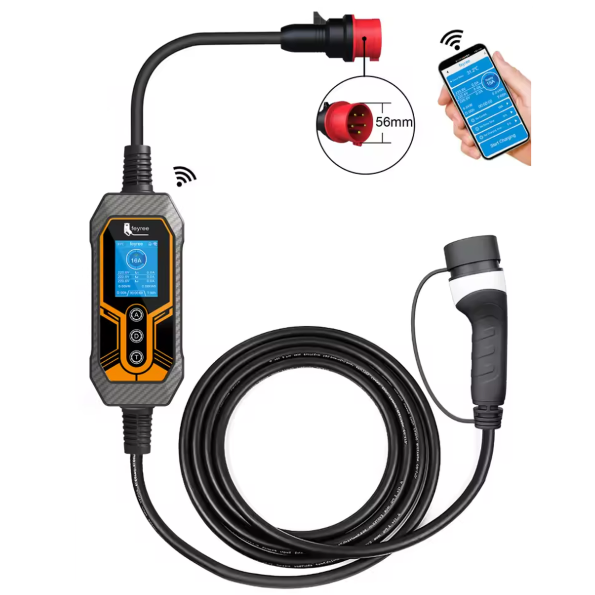 Bærbar EV-lader, 11KW Hurtigopladning, Wi-Fi-forbindelse, 11KW 5m Uden Adapter, Type2