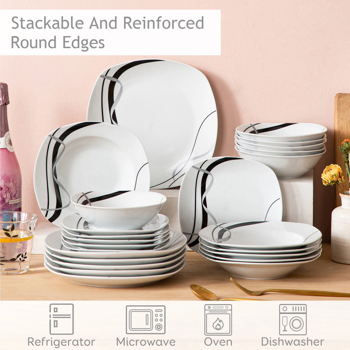 Middagssæt, porcelæn keramik, Black Line køkken serveringssæt, 36 DELE