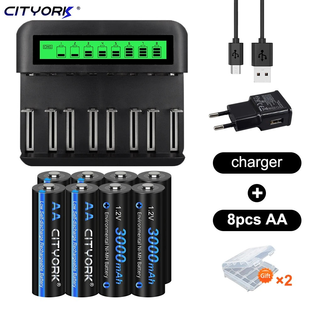 CITYORK AA Genopladelige Batterier, Høj Kapacitet 3000mAh, Oplader Inkluderet>,16AA og oplader