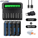 CITYORK AA Genopladelige Batterier, Høj Kapacitet 3000mAh, Oplader Inkluderet>,16AA og oplader
