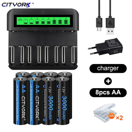 CITYORK AA Genopladelige Batterier, Høj Kapacitet 3000mAh, Oplader Inkluderet>,16AA og oplader
