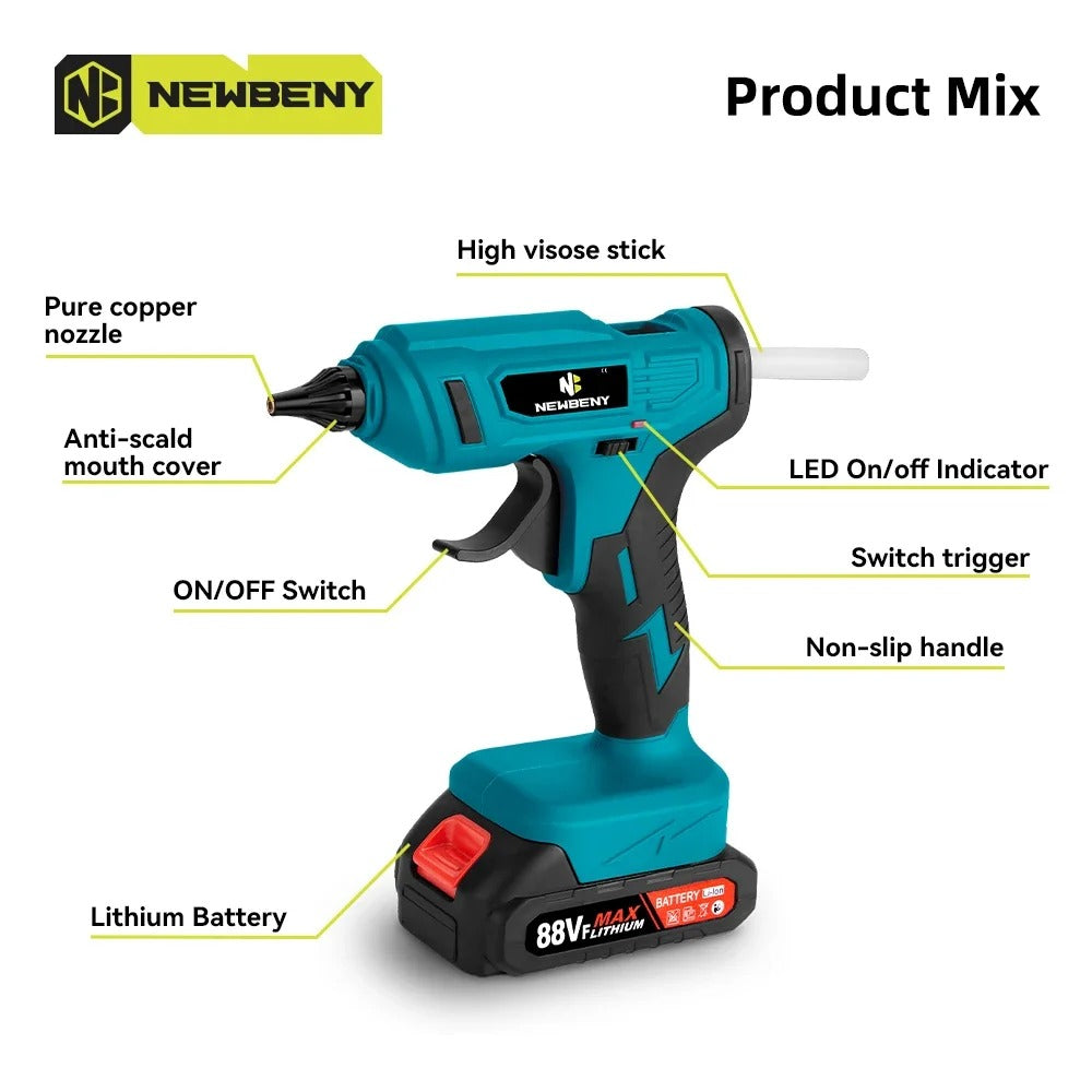 Trådløs elektrisk varm lim pistol, 100W effekt, genopladelig til Makita 18V batteri., 2 Batteri EU-stik