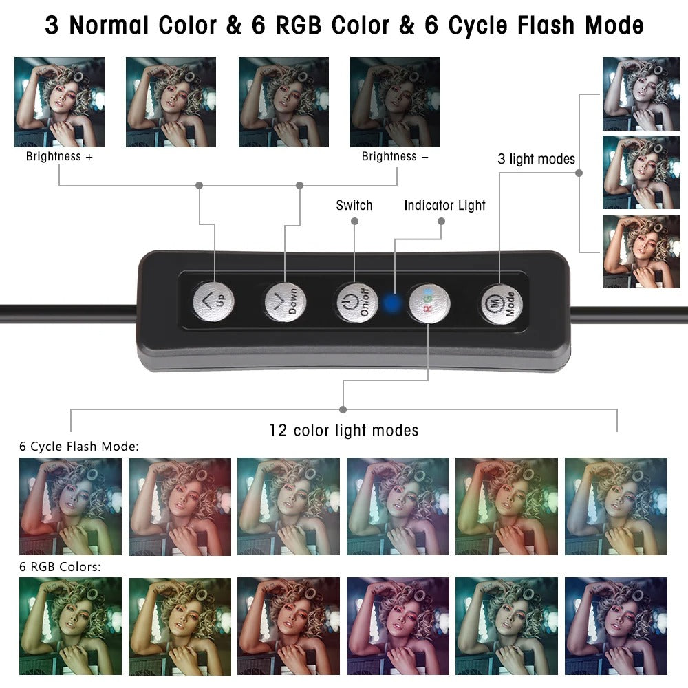 Selfie Ring LED-lys, RGB-farveindstillinger, justerbart stativstativ, 200cm stativlys