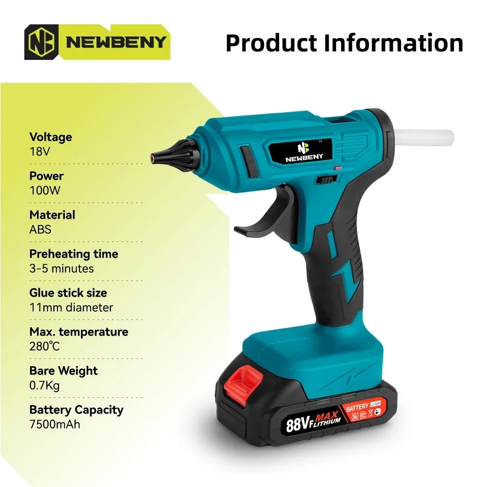Trådløs elektrisk varm lim pistol, 100W effekt, genopladelig til Makita 18V batteri., 2 Batteri EU-stik