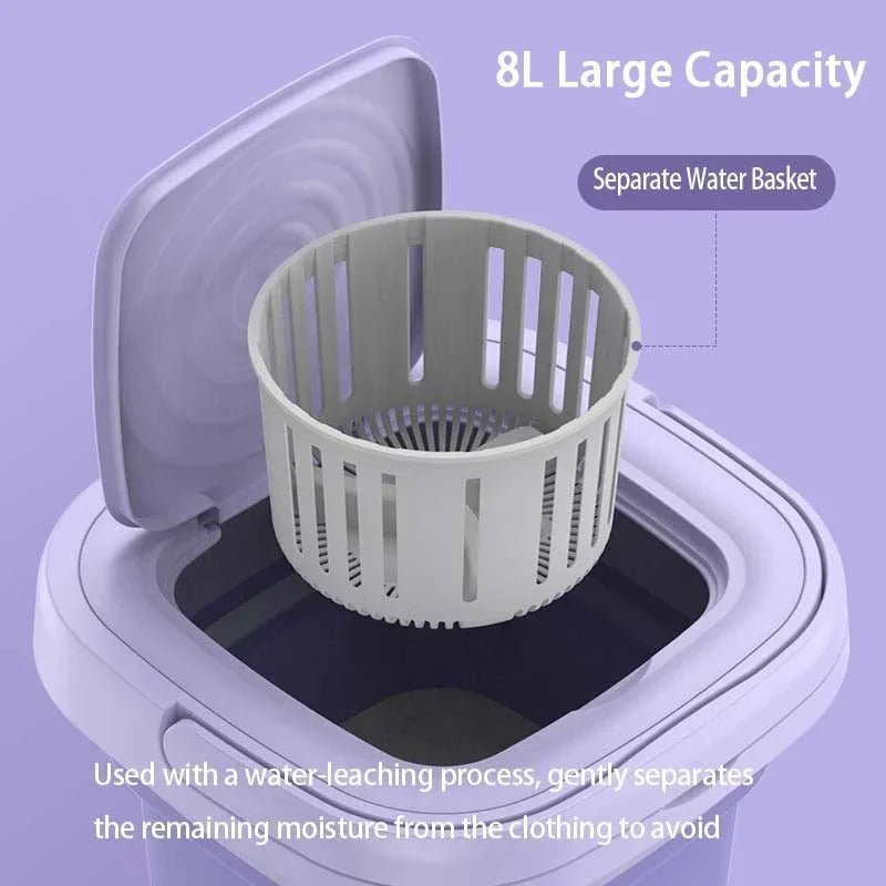 Bærbar Vaskemaskine, Foldbart Design, Centrifugeringsfunktion for Tørring, Lilla, EU