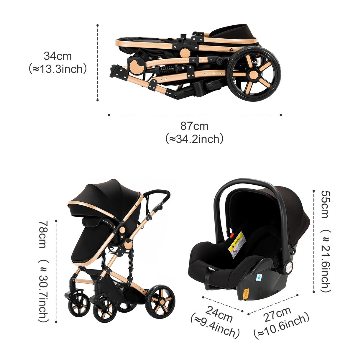 Barnevogn, 3 i 1 Design, Høj Landskab, 588-Black